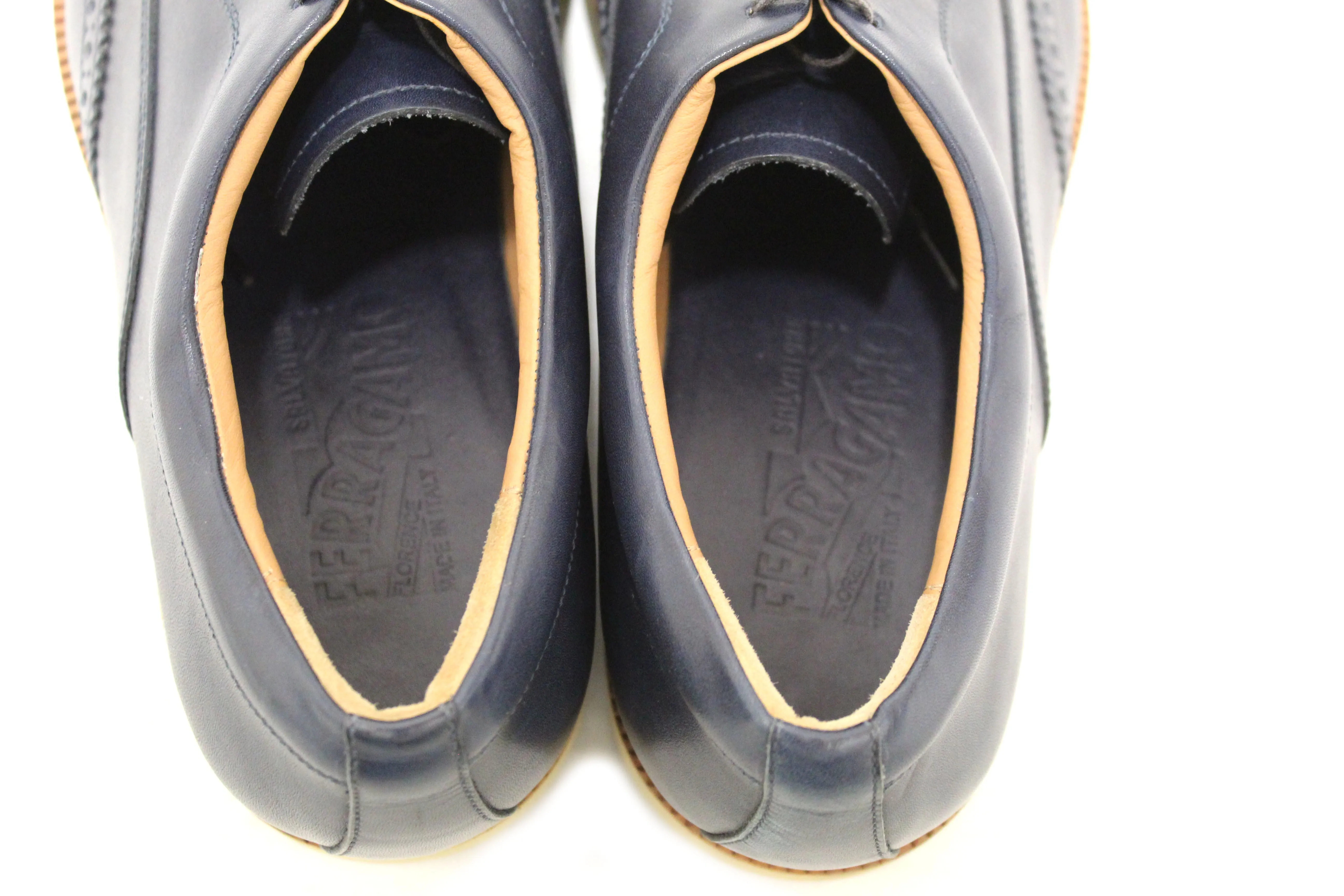 Authentic Salvatore Ferrgamo Men's Blue Calf Leather Wingtip Brogue Shoes size 8.5